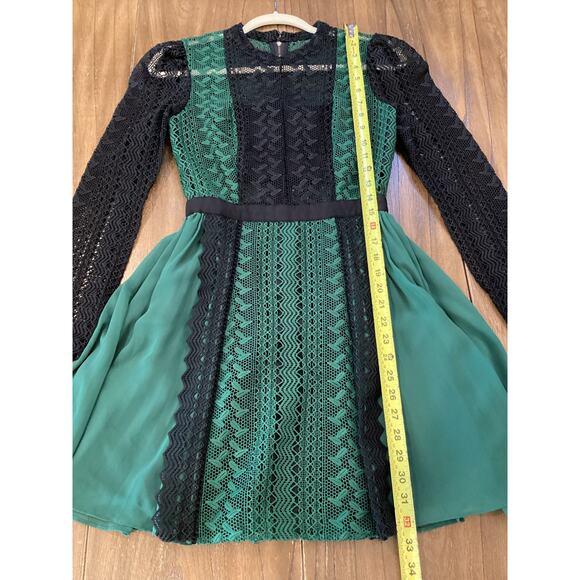 Self Portrait long sleeve mesh Green Lace pleated flare whimsygoth Mini Dress 4 - Picture 4 of 14
